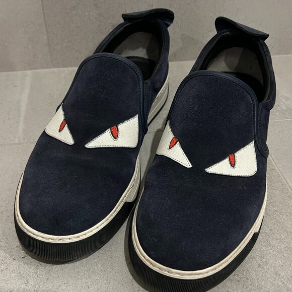 FENDI Monster Slip On Spike Navy Blue Suede Shoes sz US 8 UK 7 - Picture 1 of 8